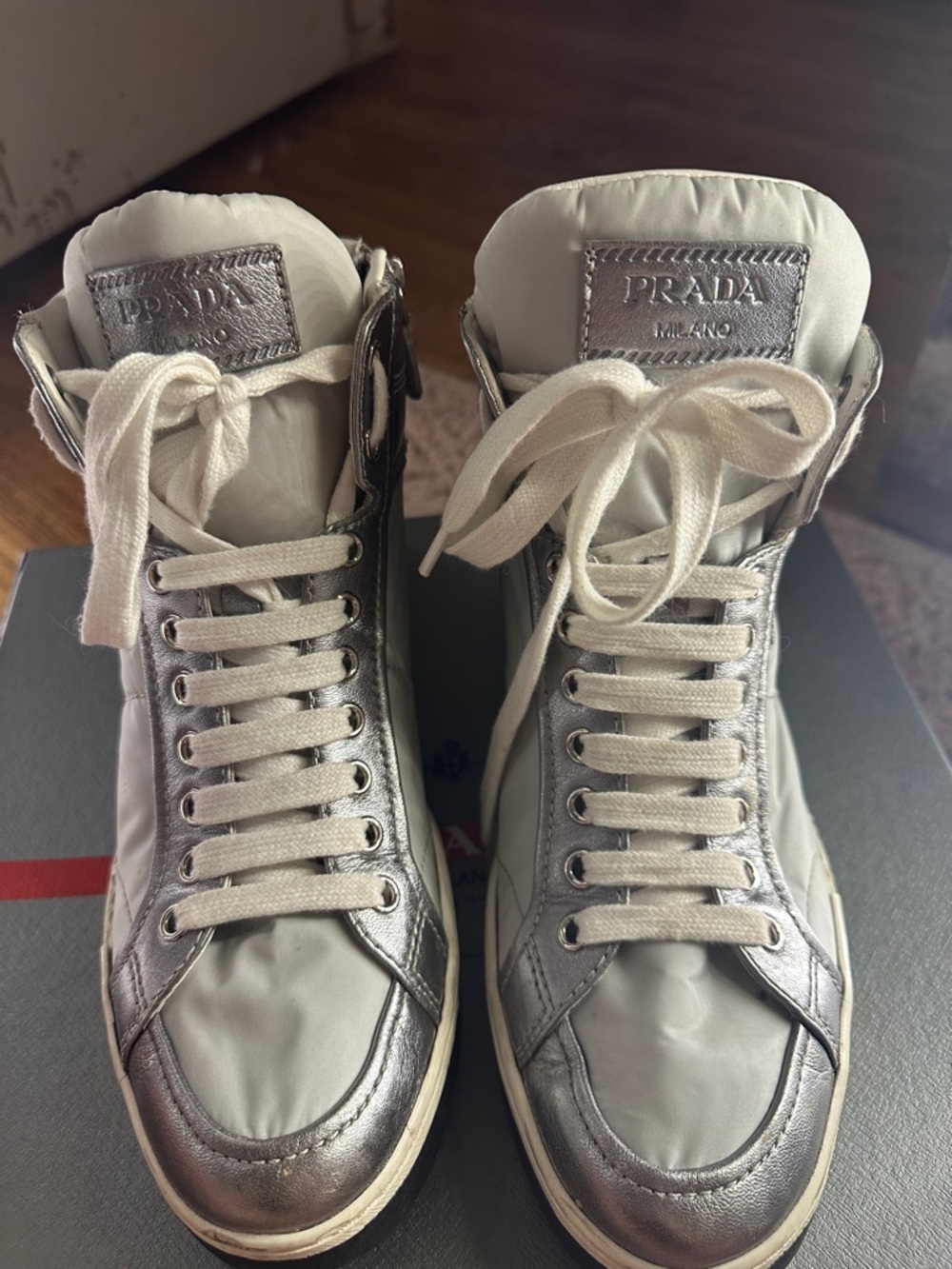 Prada White & Silver High-Top Sneakers with Metallic Accents